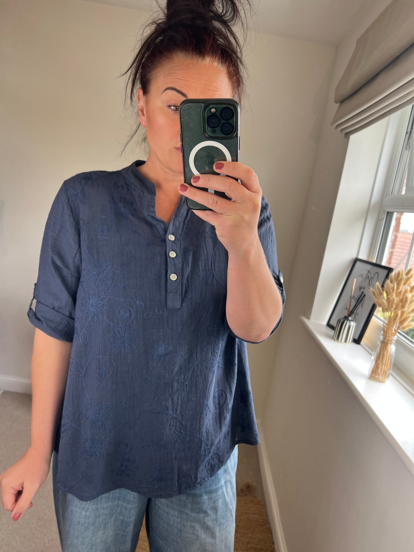 Cotton Shirt - Embroidered Navy
