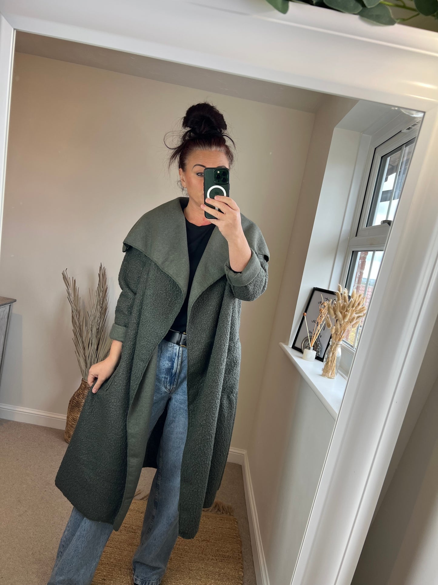Boucle Open Front Coat - Khaki