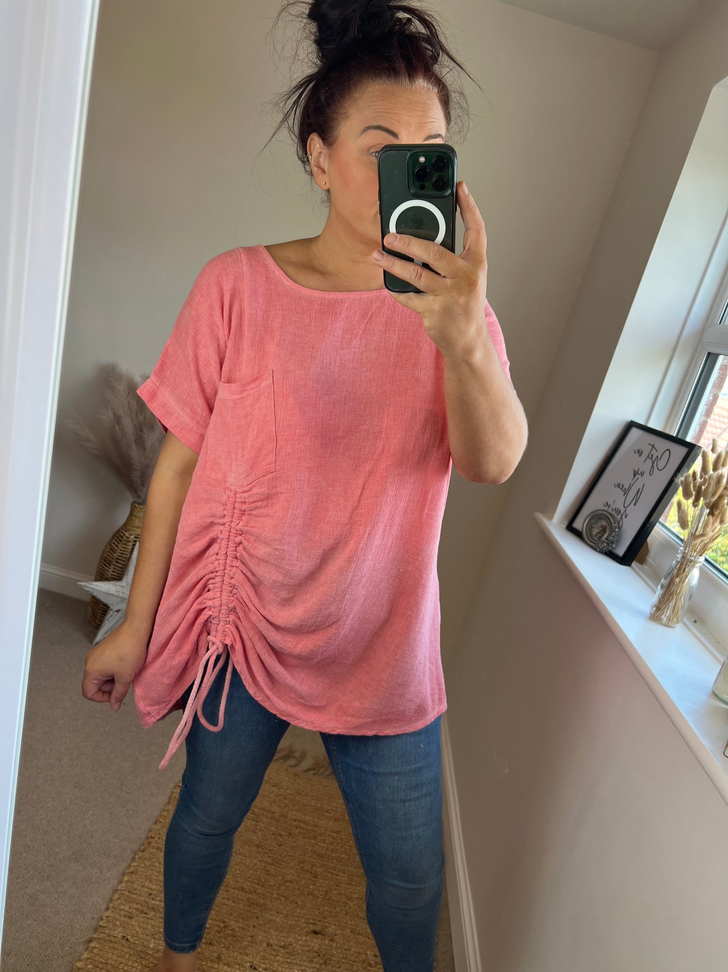 Linen Mix Longline Drawstring Top - Coral
