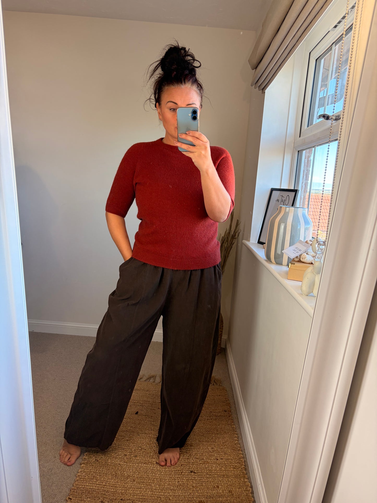 Needle Cord Barrel Leg Trousers - Chocolate
