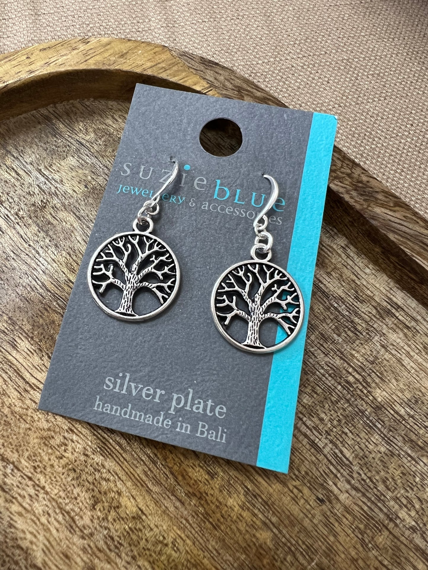 Suzie Blue Silver Plated Tree Of Life Earrings