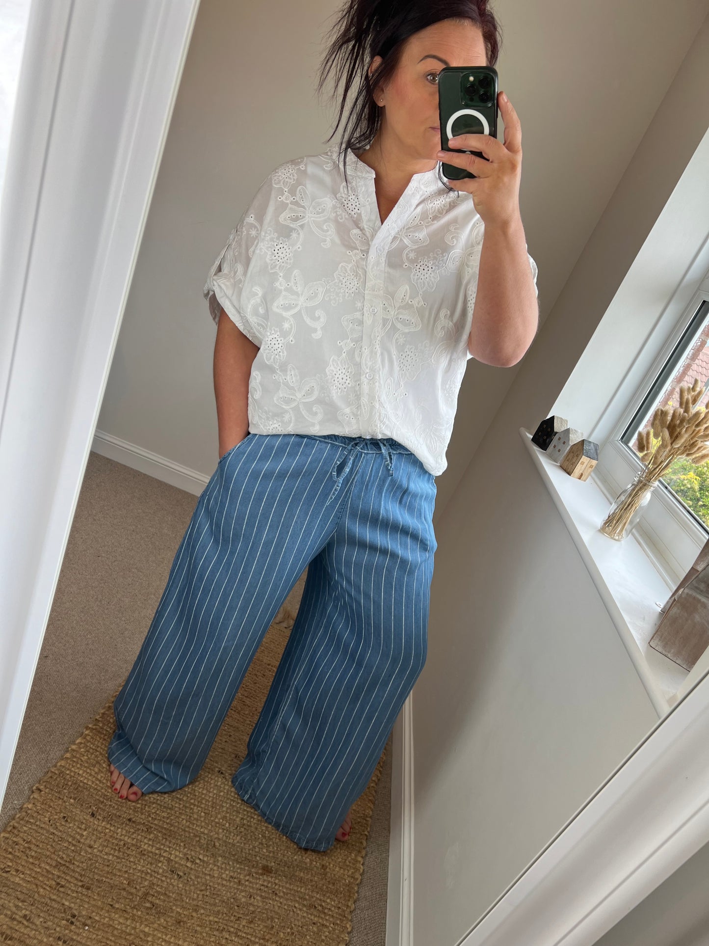 Wide Leg Denim Stripe Trousers - Dark