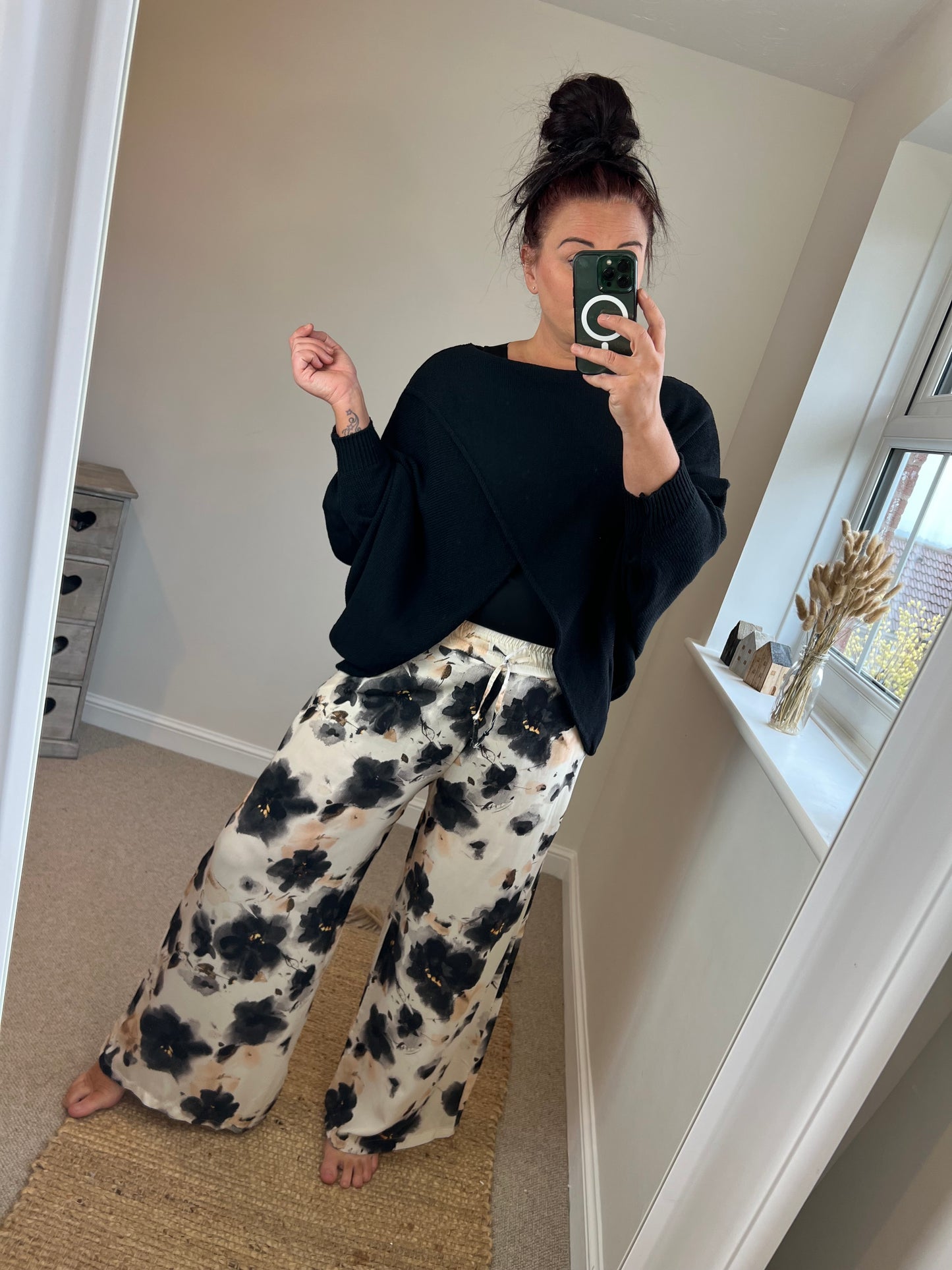 Flower Wide Leg Trousers - Black
