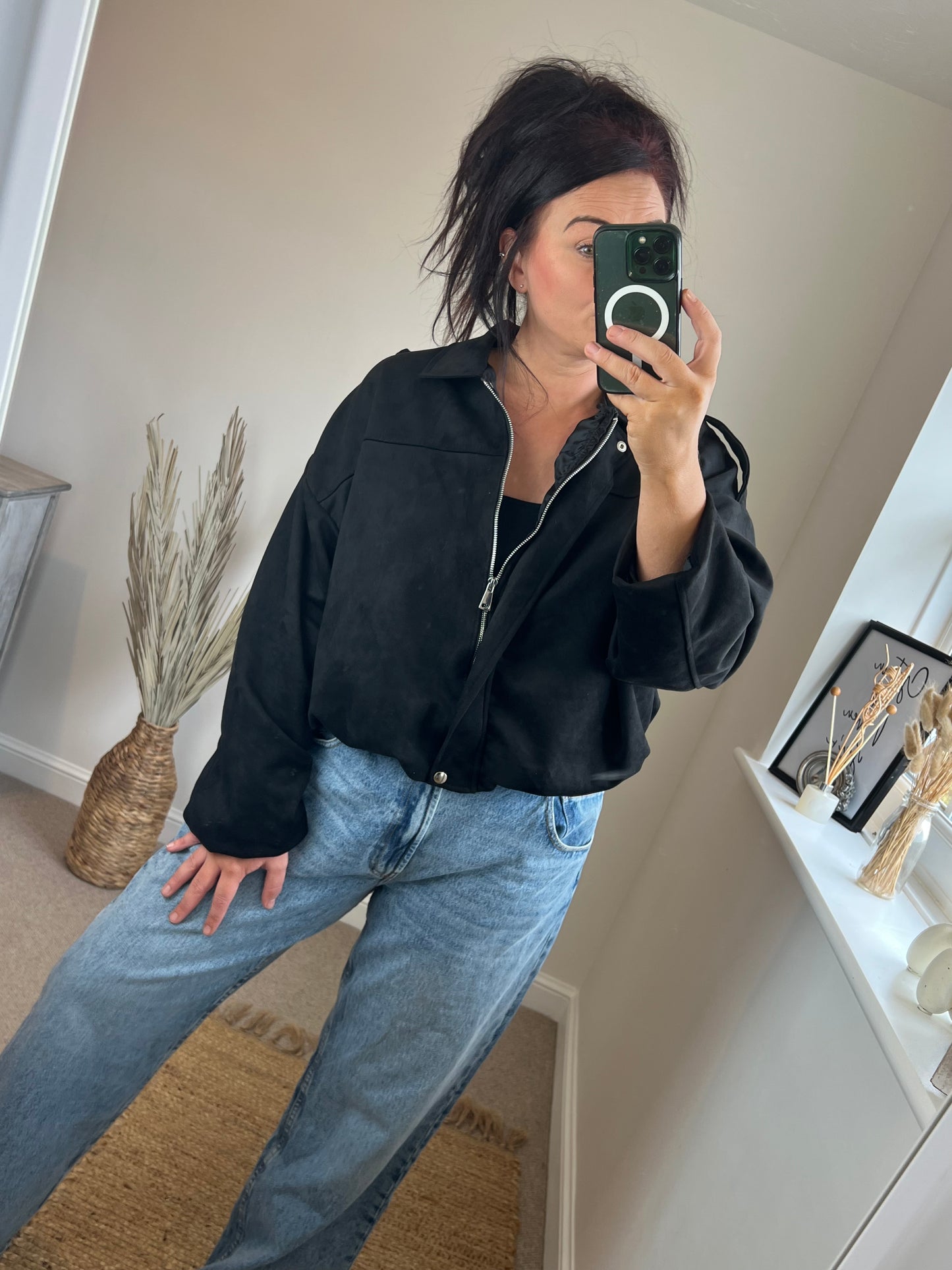 Faux Suede Oversized Bomber Jacket - Black