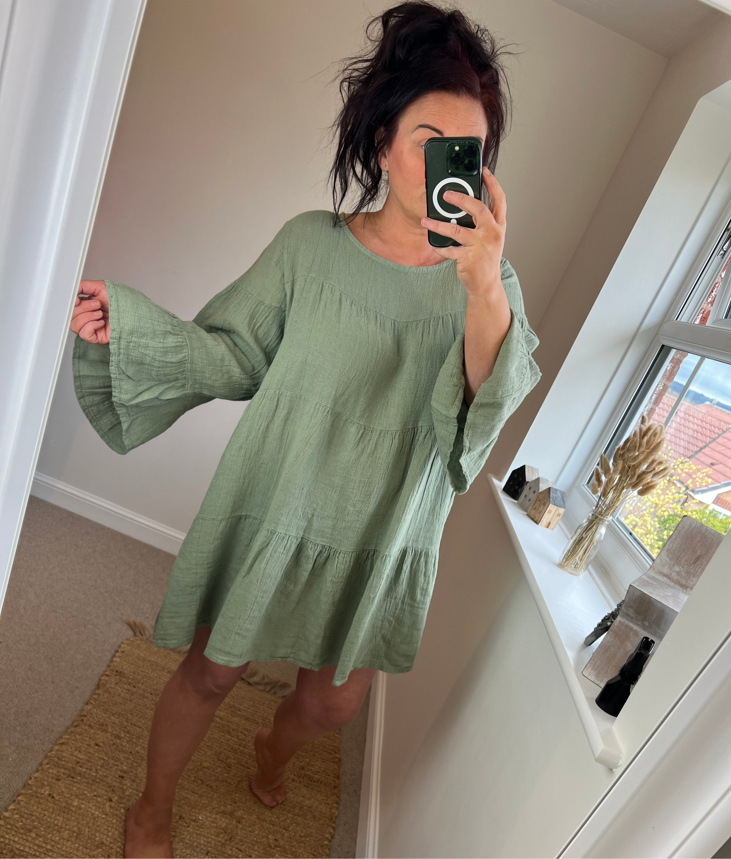Crinkle Cotton Tunic Dress - Khaki