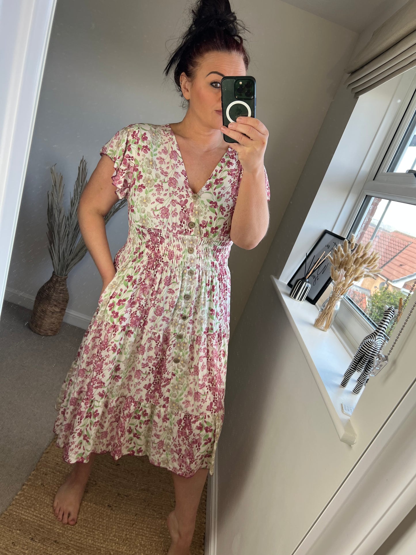 LOTTIE Midi Button Dress with Pockets - Pink Ditsy Floral