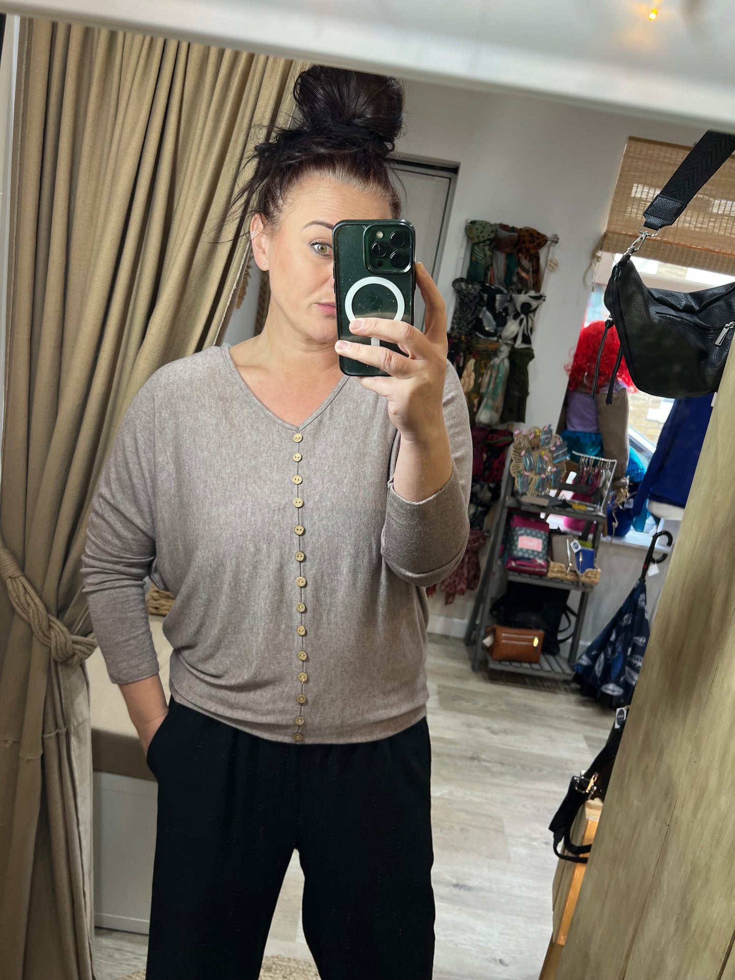 Fine Knit Tiny Button Jumper - Taupe