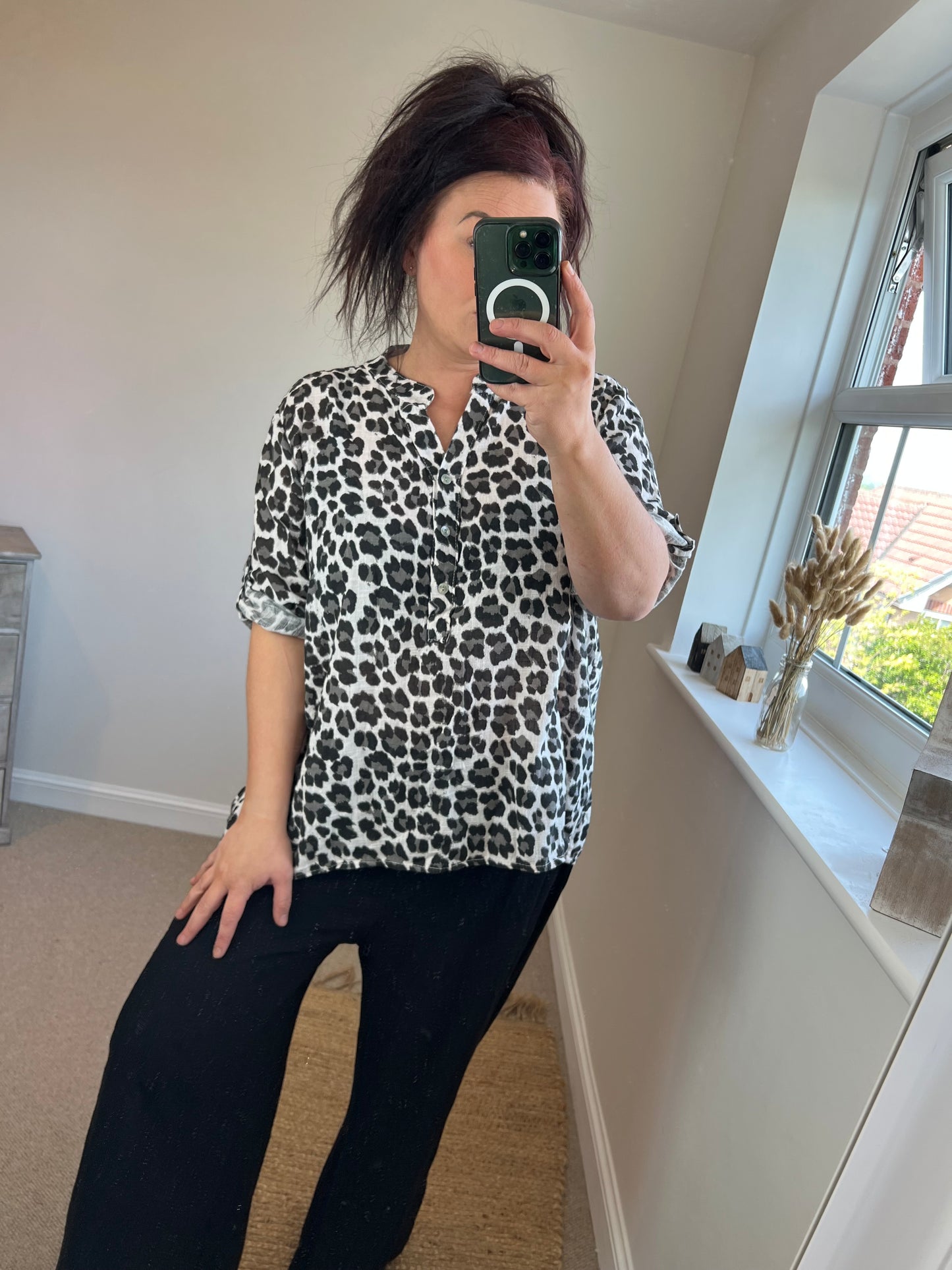 Embroidered Style Cotton Shirt - Black Leopard