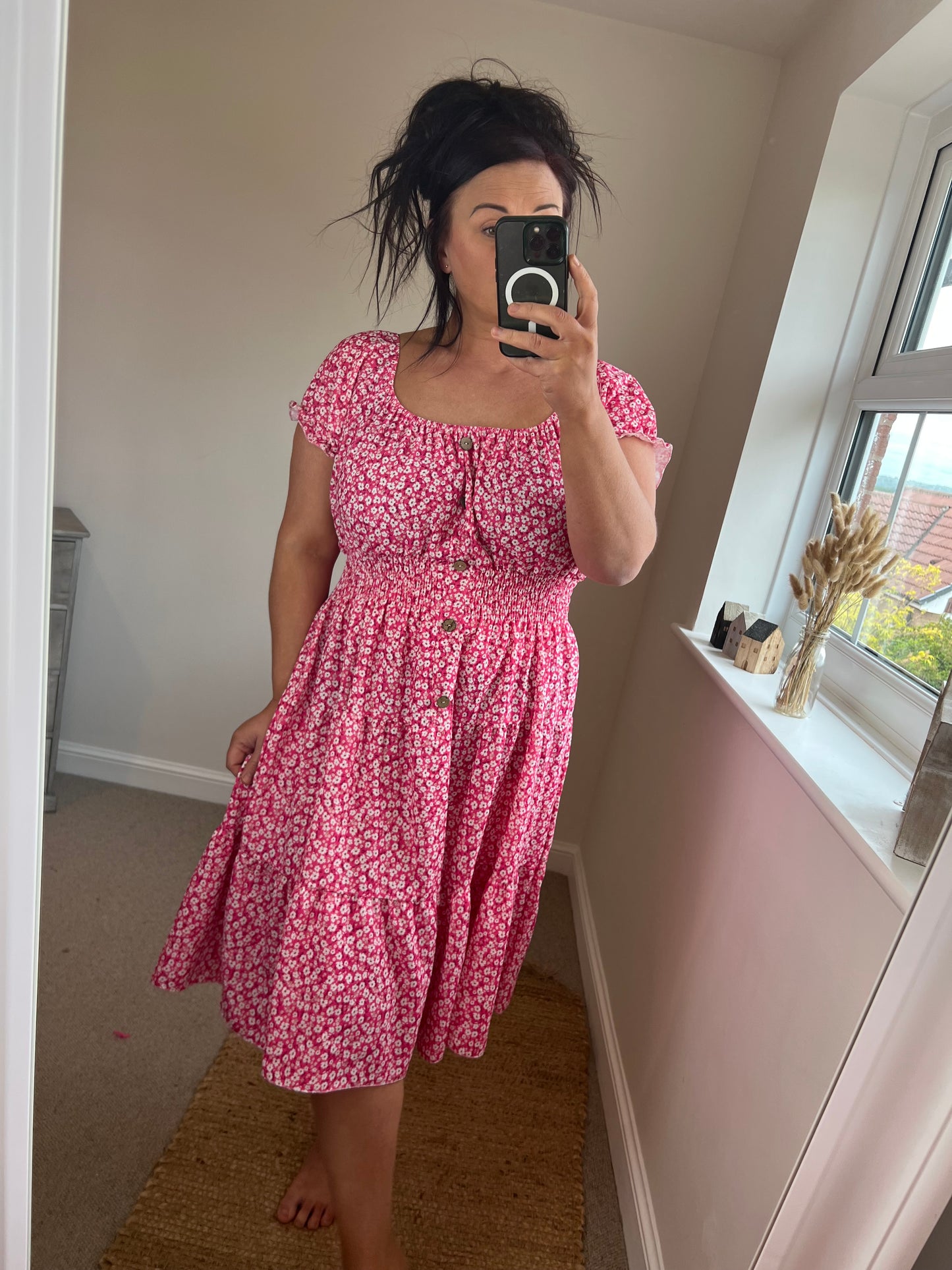 Magic Short Shirred Button Dress - Cerise (Plus Size)