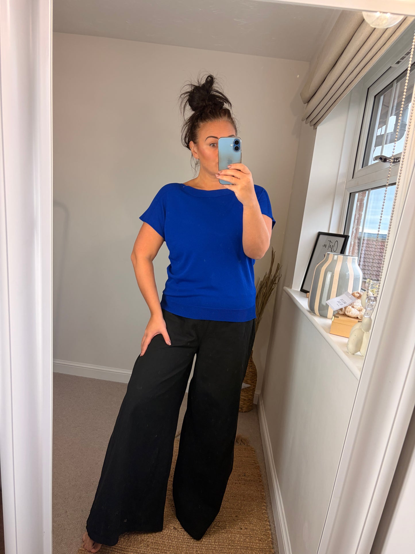 Fine Knit Slash Neck Top - Cobalt