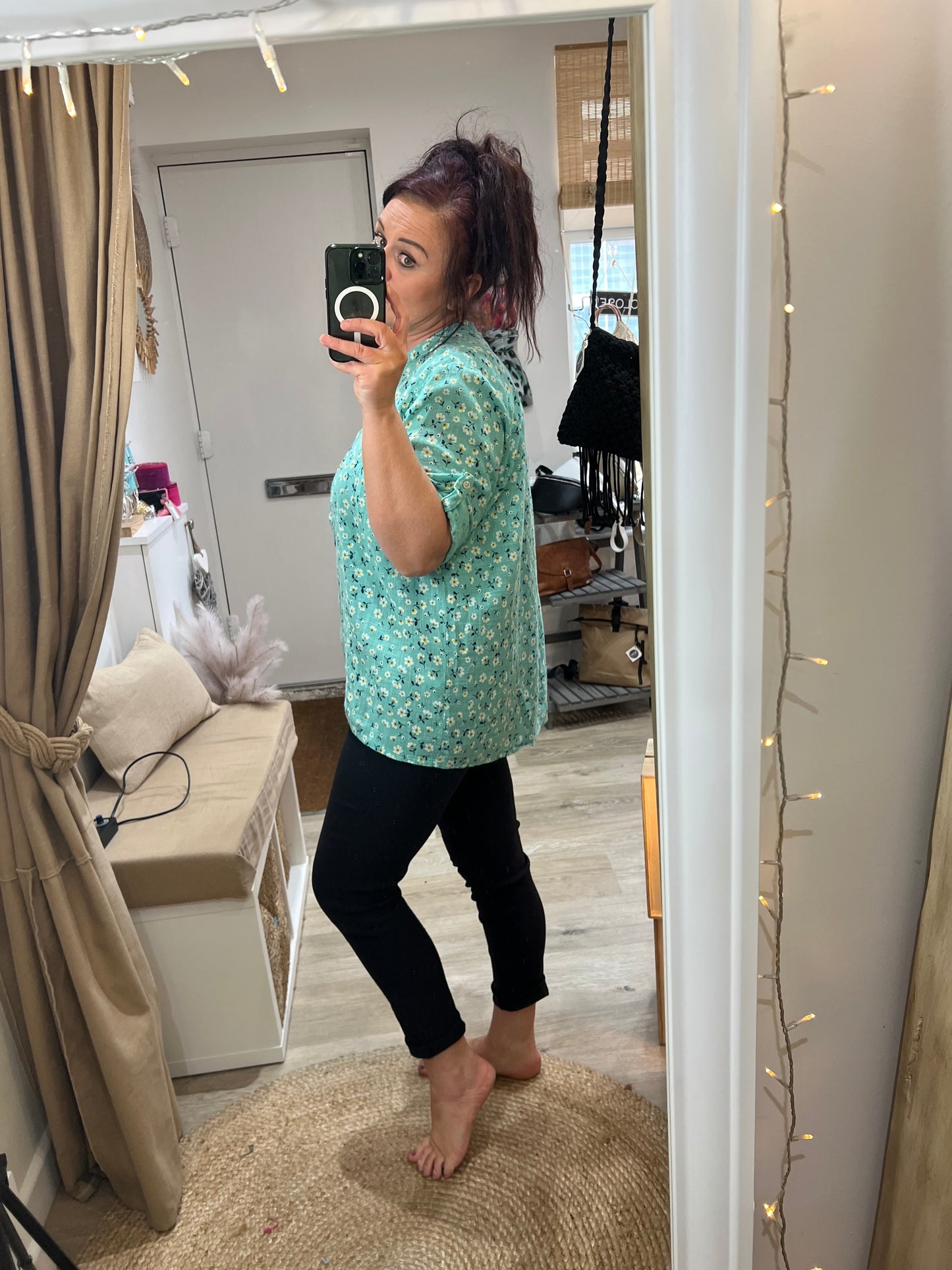 SANDY Cotton Shirt - Ditsy Floral Aqua