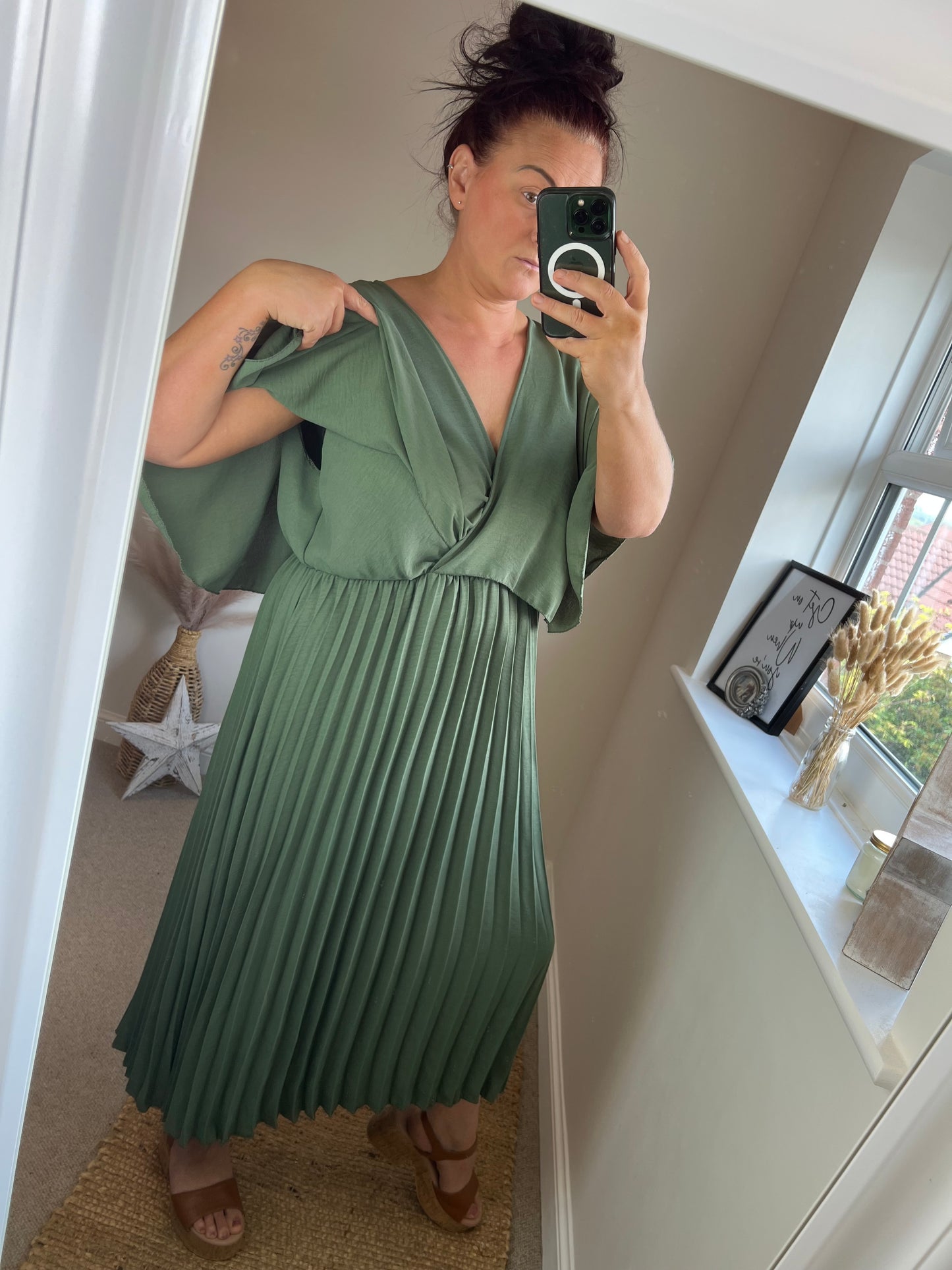 Pleated Cape Dress - Khaki