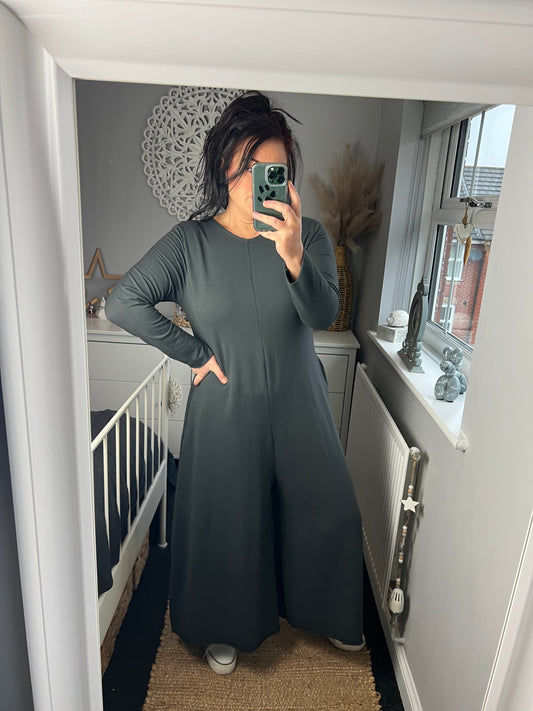 Long Sleeve Jersey Jumpsuit - Charcoal