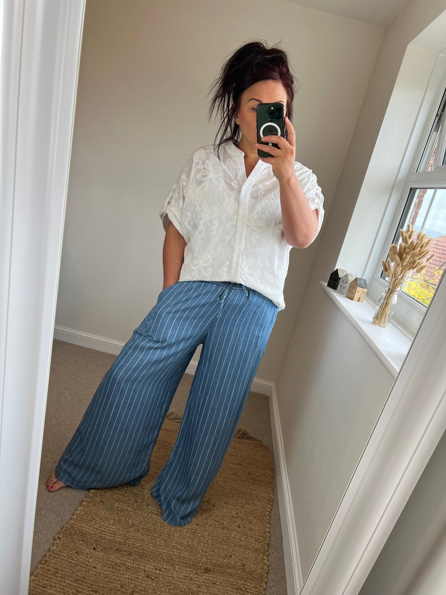 Wide Leg Denim Stripe Trousers - Dark