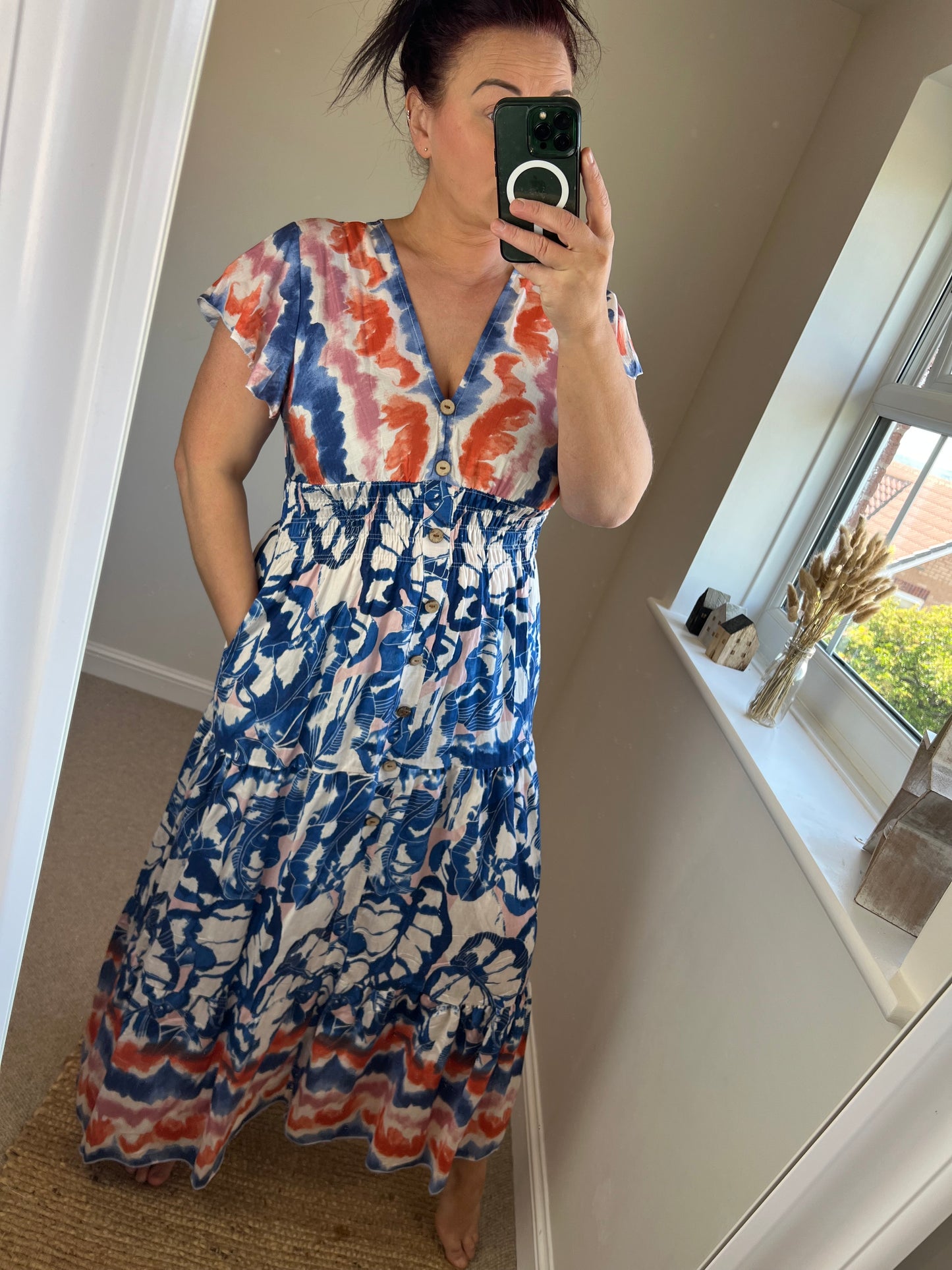 Magic Shirred V Neck Button Dress with Pockets - Blue/Orange