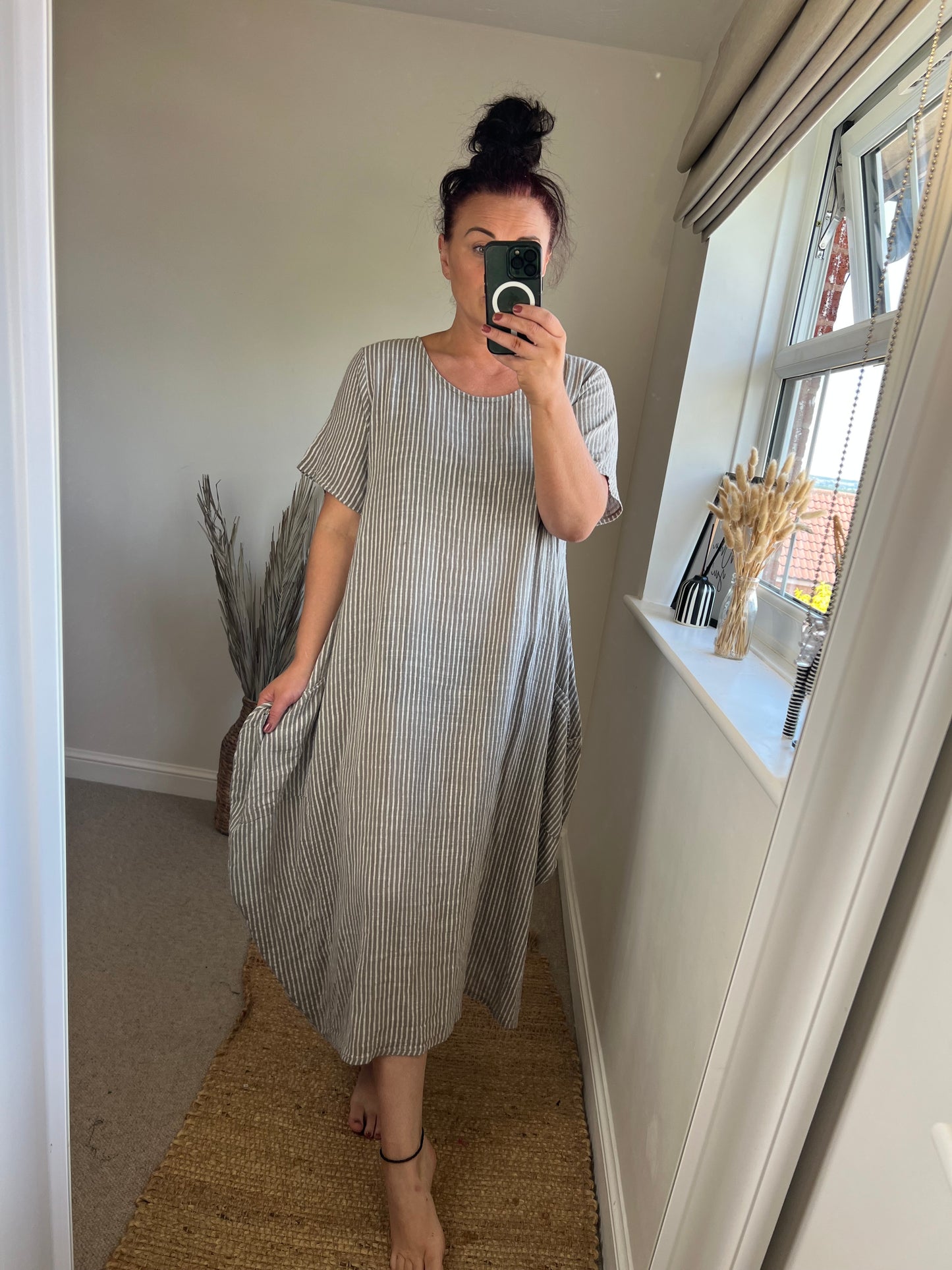 Cotton Stripe Cocoon Dress - Taupe