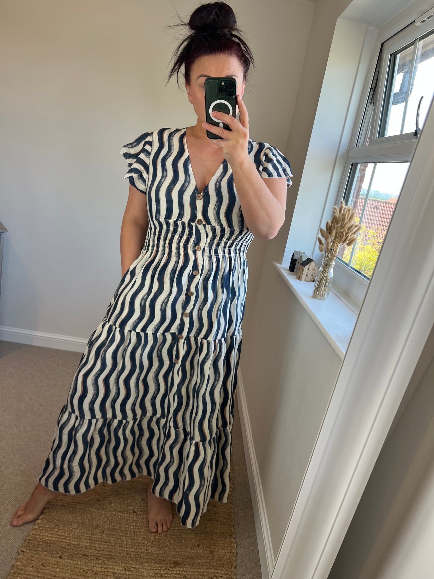 Magic Shirred V Neck Button Dress with Pockets - Navy Stripe