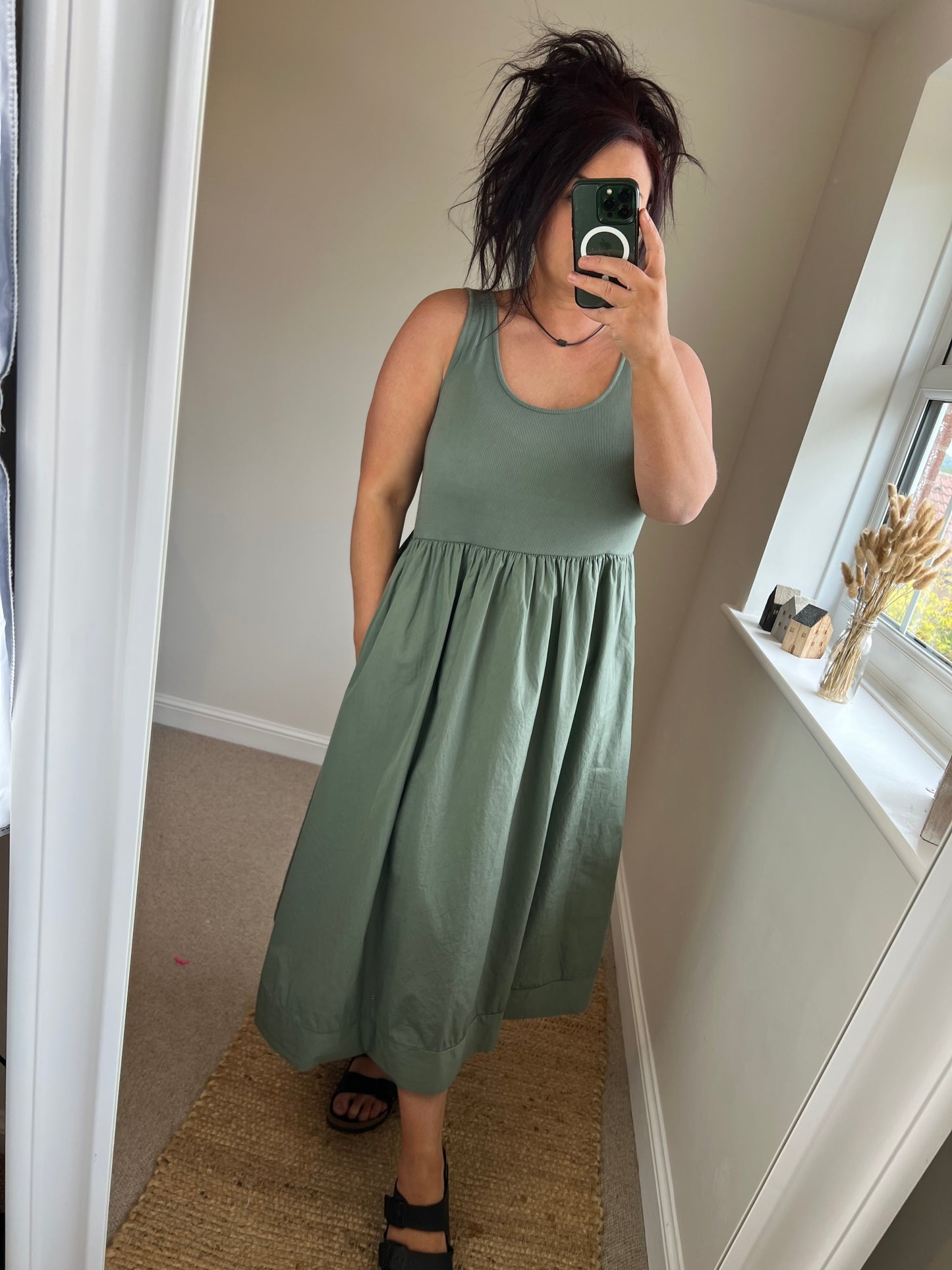 Fit & Flare Midi Sleeveless Dress with Pockets - Khaki