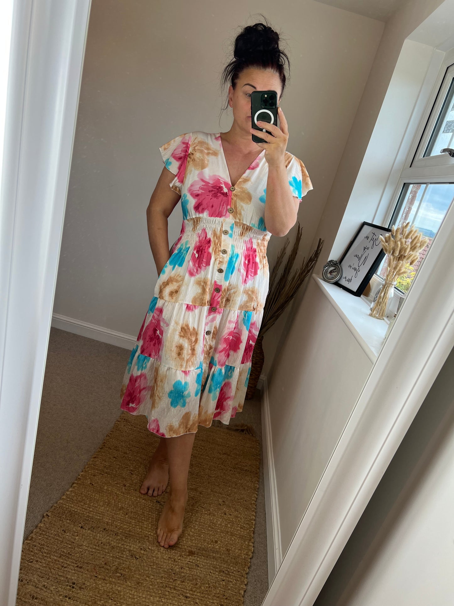 LOTTIE Midi Button Dress with Pockets - Cream Floral
