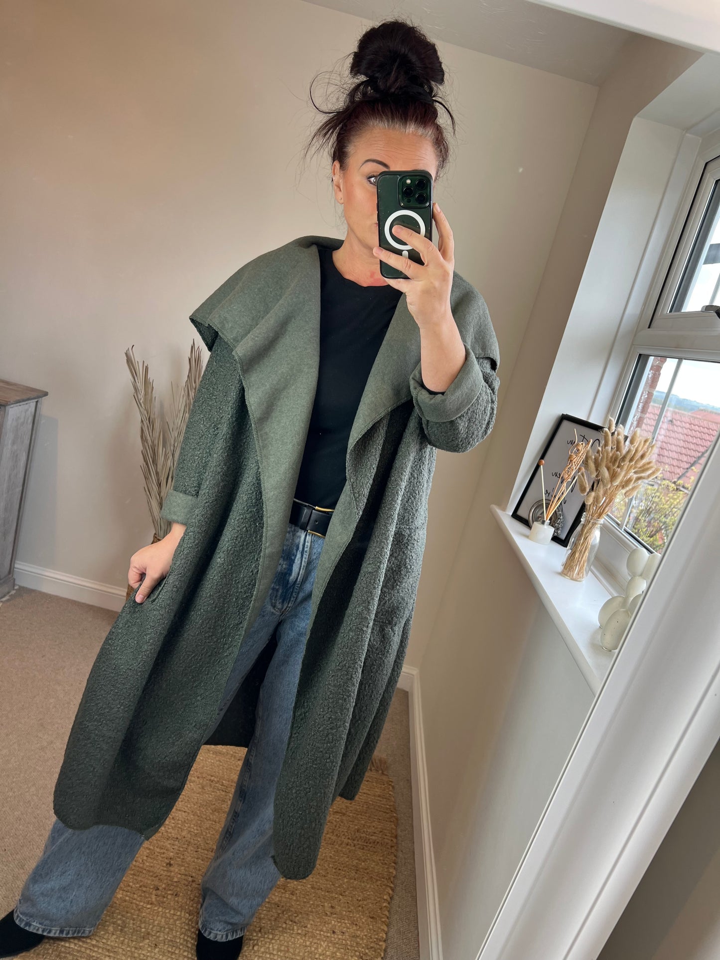 Boucle Open Front Coat - Khaki