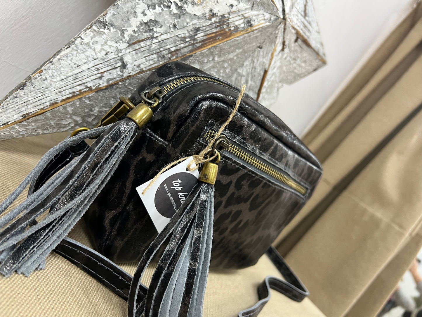 Leather Camera Bag - Metallic Charcoal Leopard