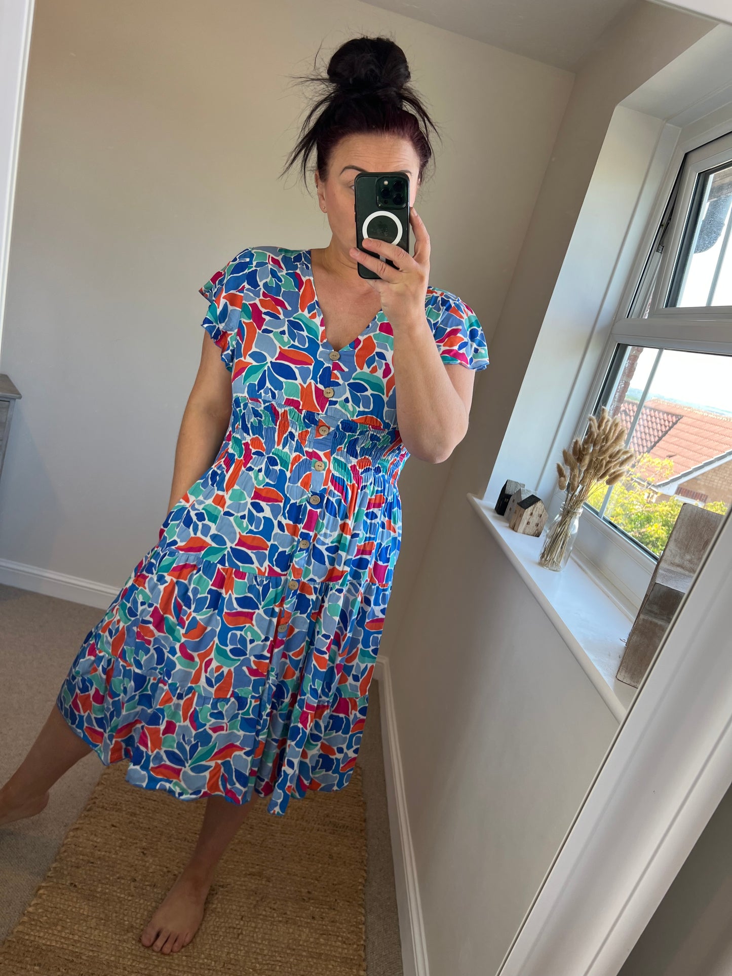 Magic Short Shirred Neck Button Dress with Pockets - Cobalt