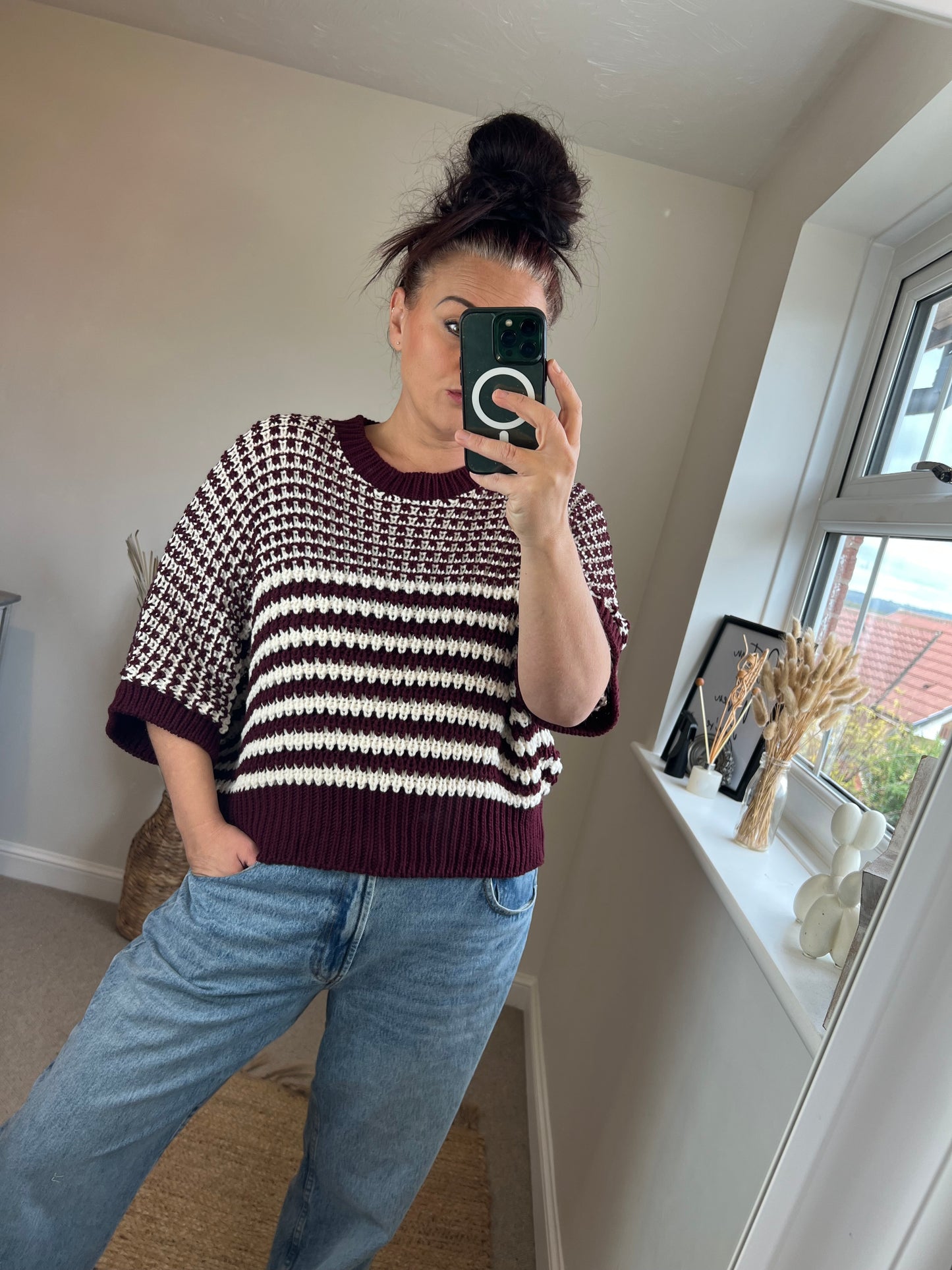 Chunky Knit Stripe Jumper - Wine/Cream
