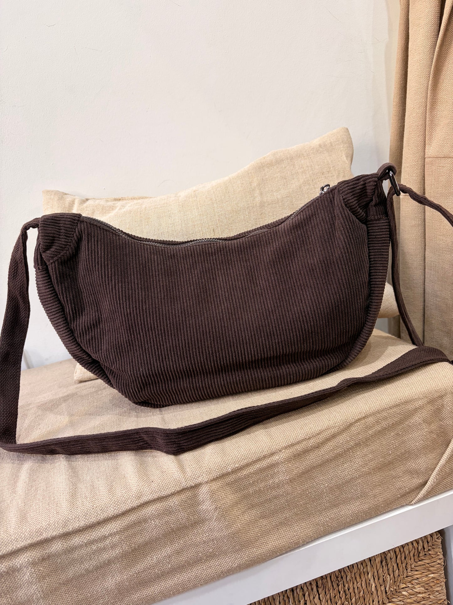 Cord Half Moon Crossbody Bag - Chocolate