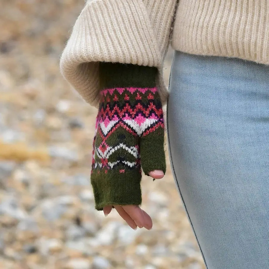 Fair Isle Fingerless Gloves - Khaki