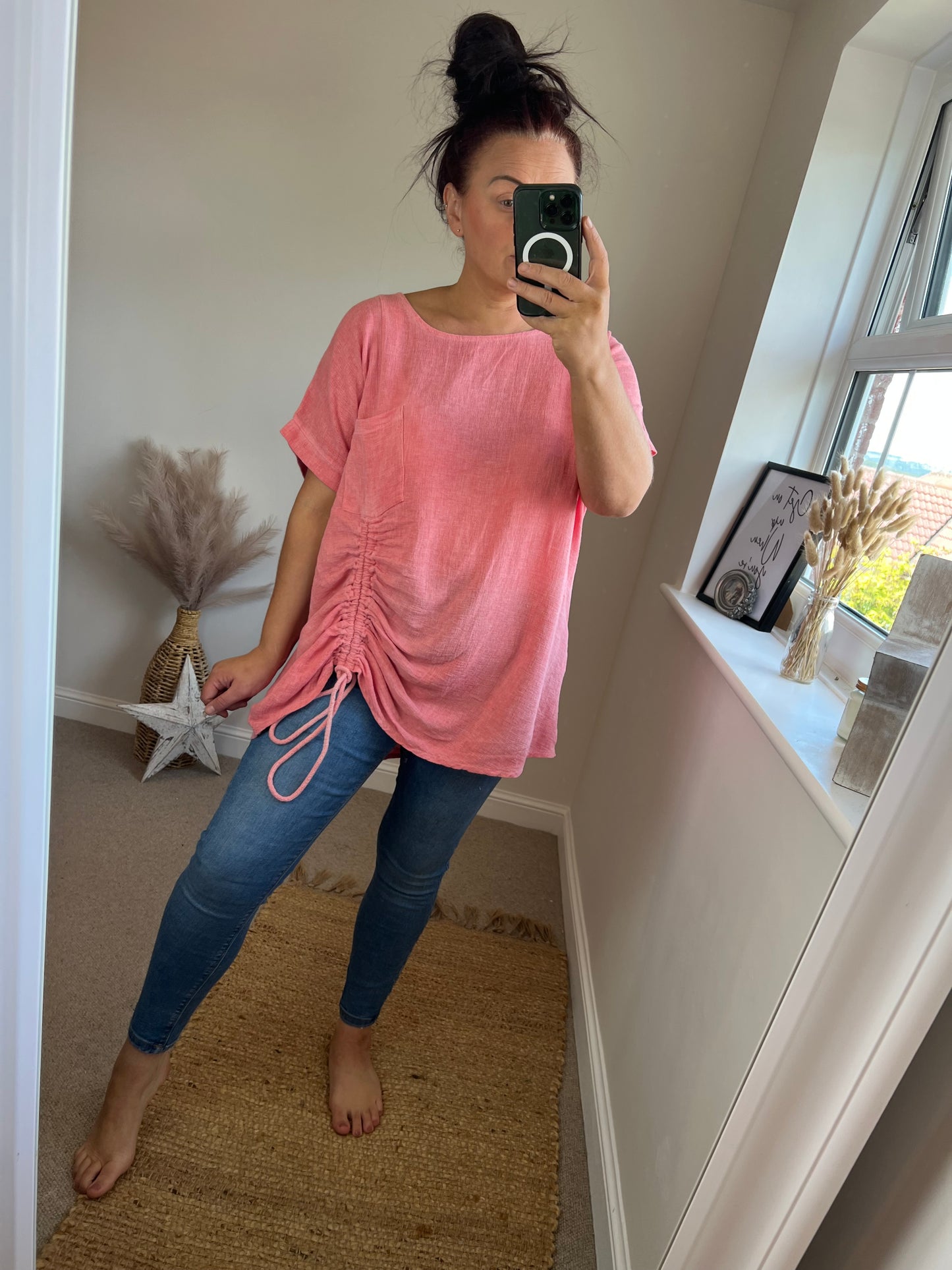 Linen Mix Longline Drawstring Top - Coral