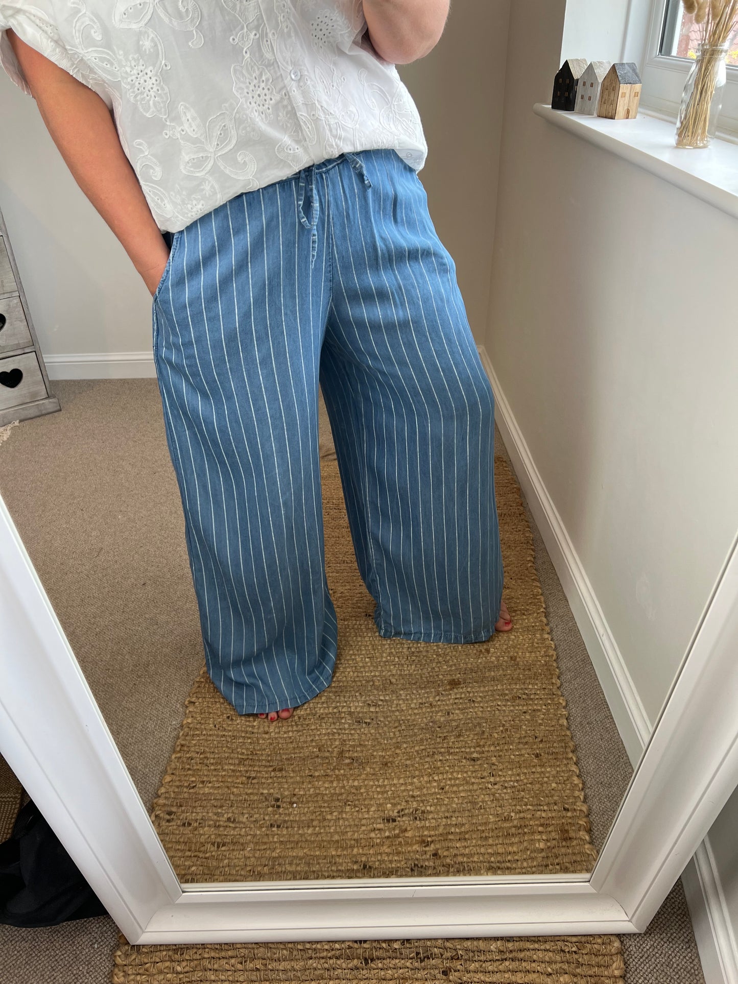 Wide Leg Denim Stripe Trousers - Dark