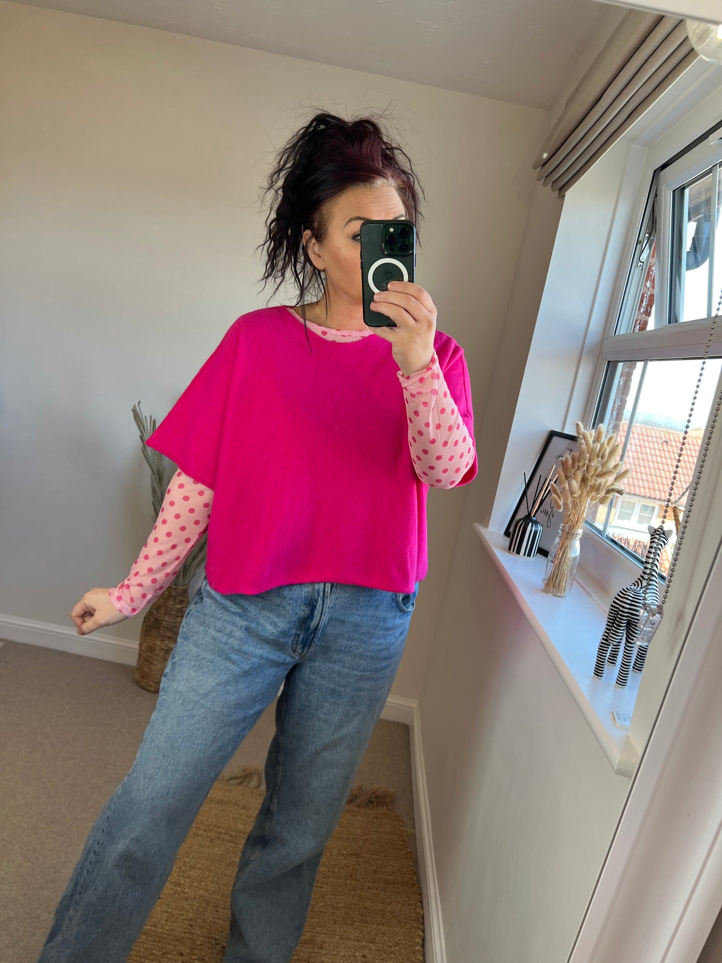 Mesh Long Sleeve Top - Spots Cerise