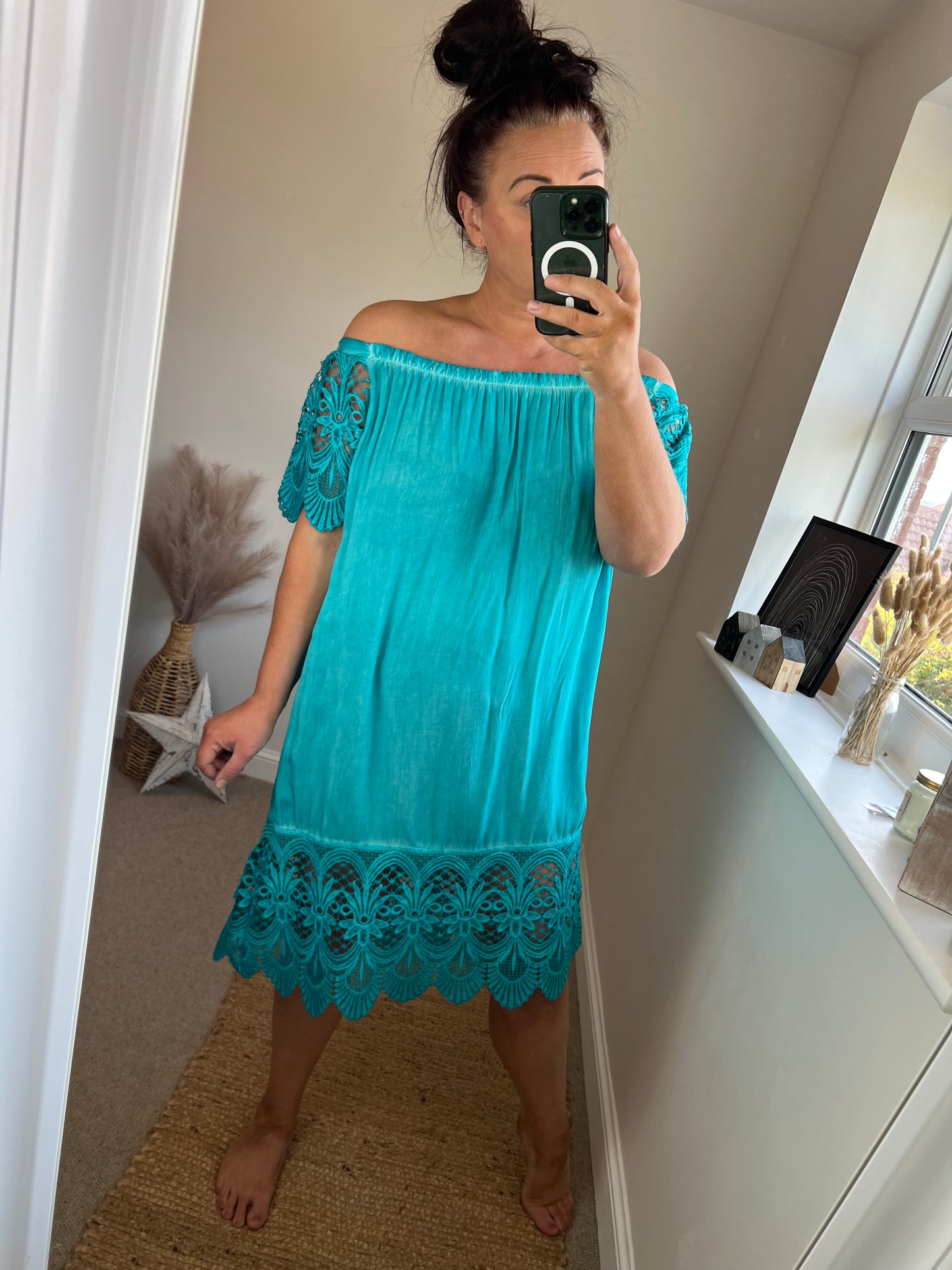 Acid Wash Bardot Dress - Aqua