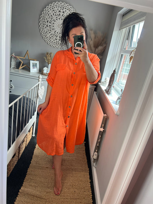 Long Cotton Shirt Dress - Orange