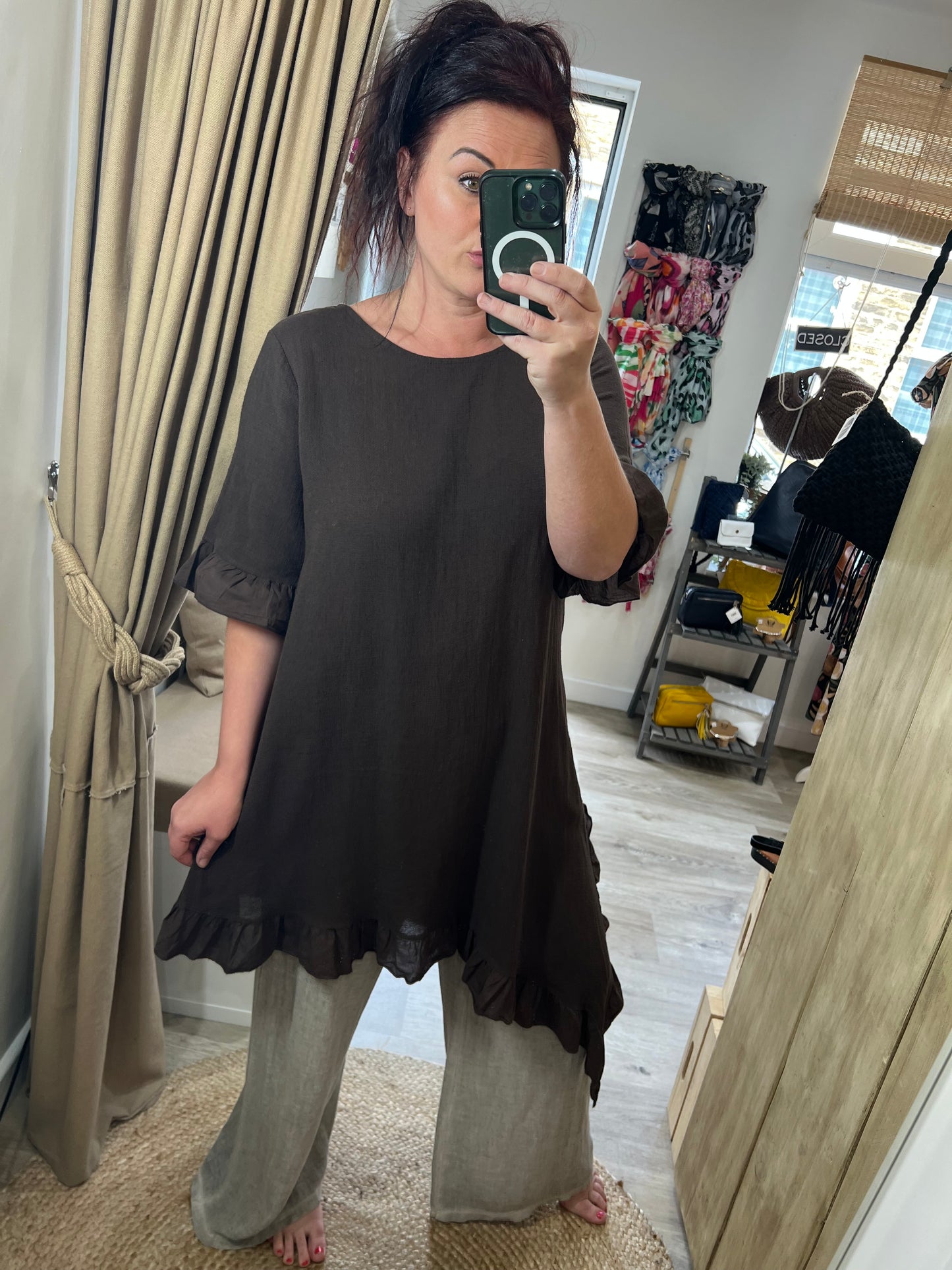 Linen Frill Tunic/Dress - Chocolate