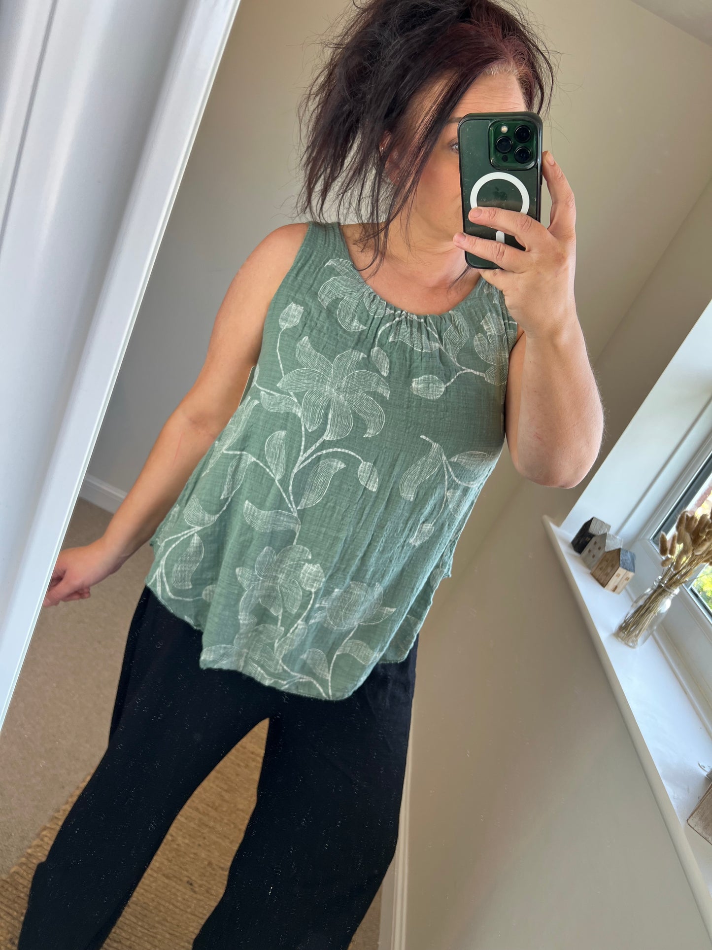 Cotton Overlay Vest Top - Khaki
