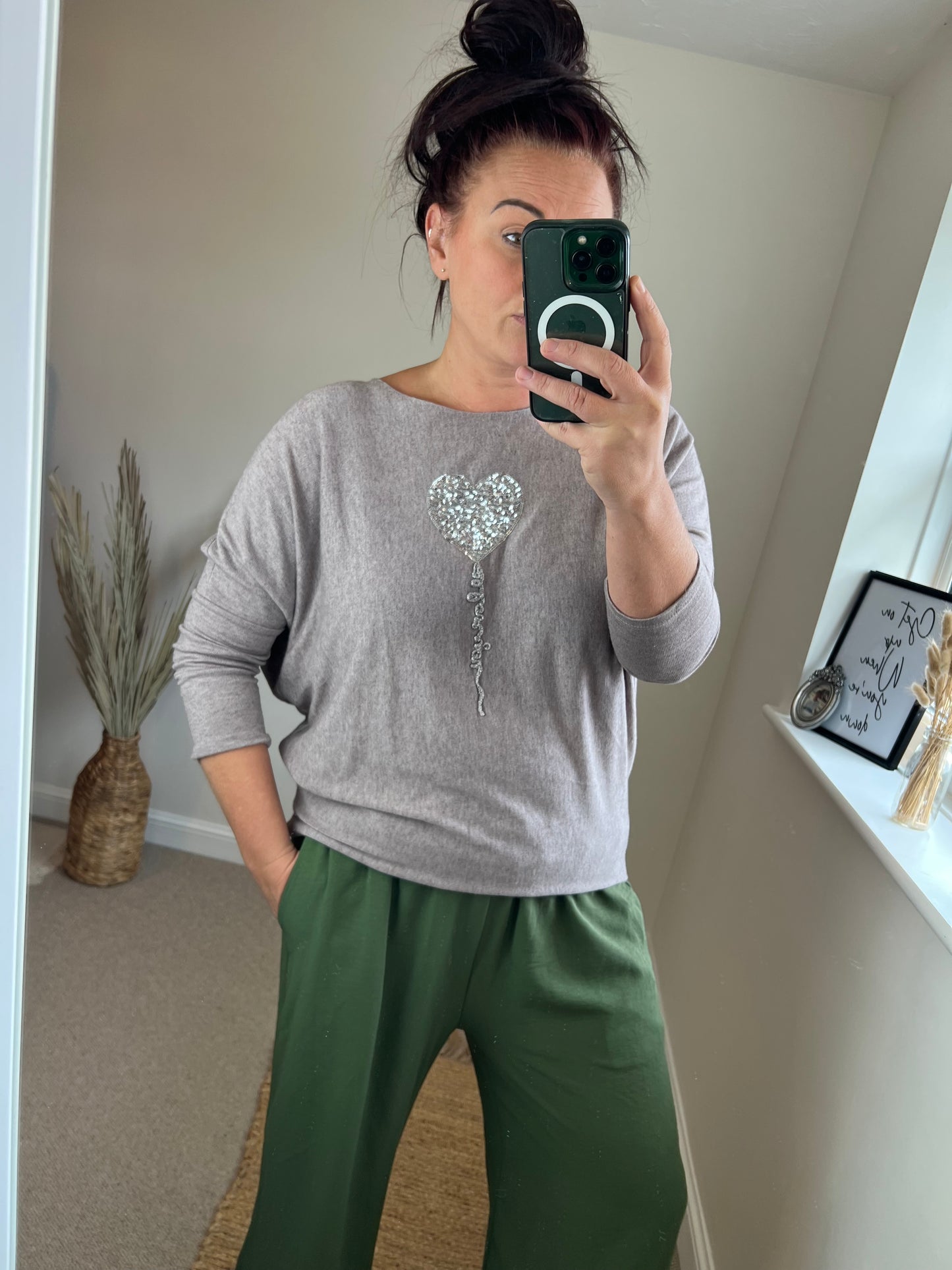 Fine Knit Sequin Heart Jumper - Mocha