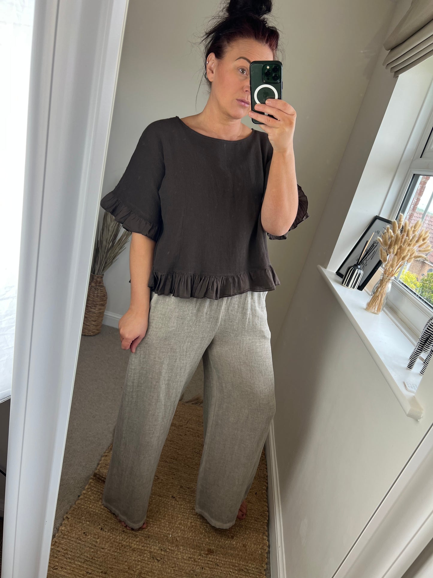 Linen Frill Top - Chocolate
