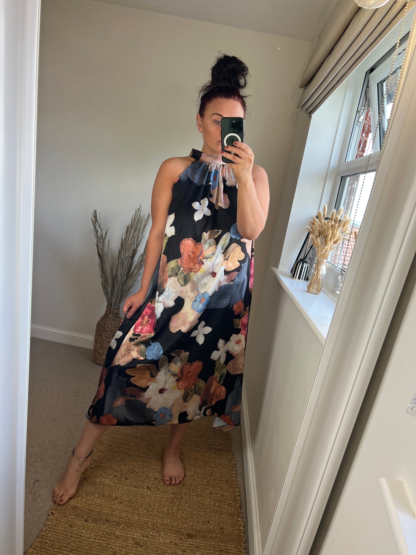 Halter Neck Satin Dress - Black