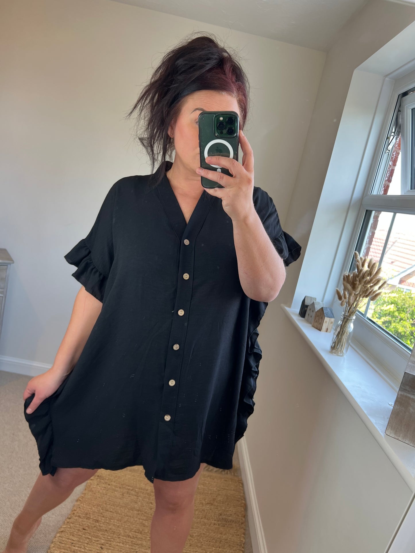 Frill Shirt Dress - Black