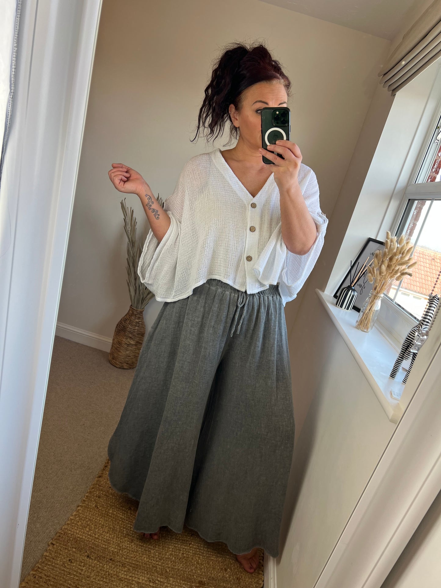 Waffle Button Top - White