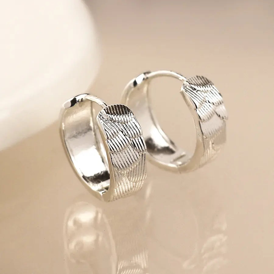 Peace of Mind - Silver Plated Scallop Embossed Hoop Earrings