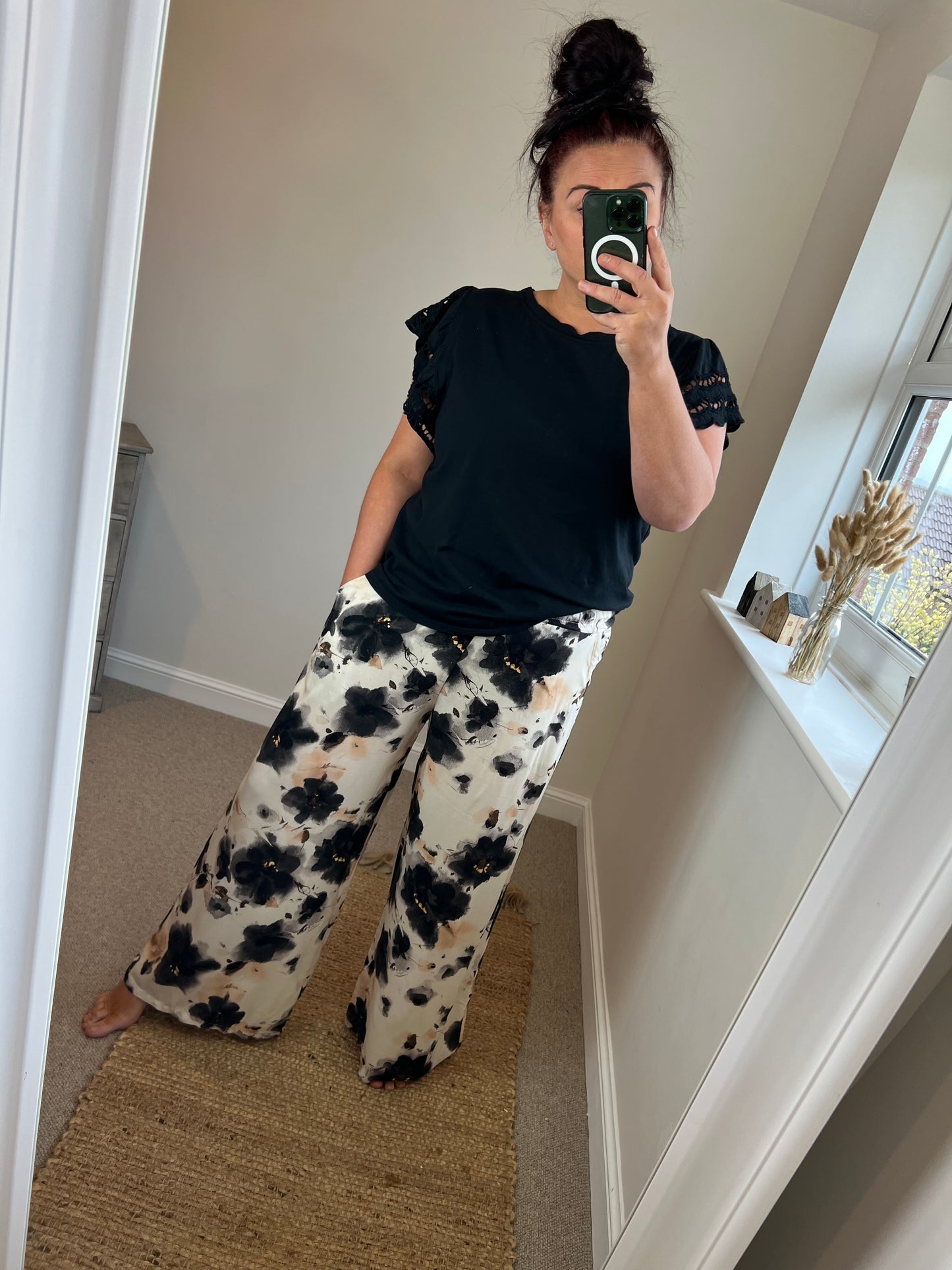 Flower Wide Leg Trousers - Black