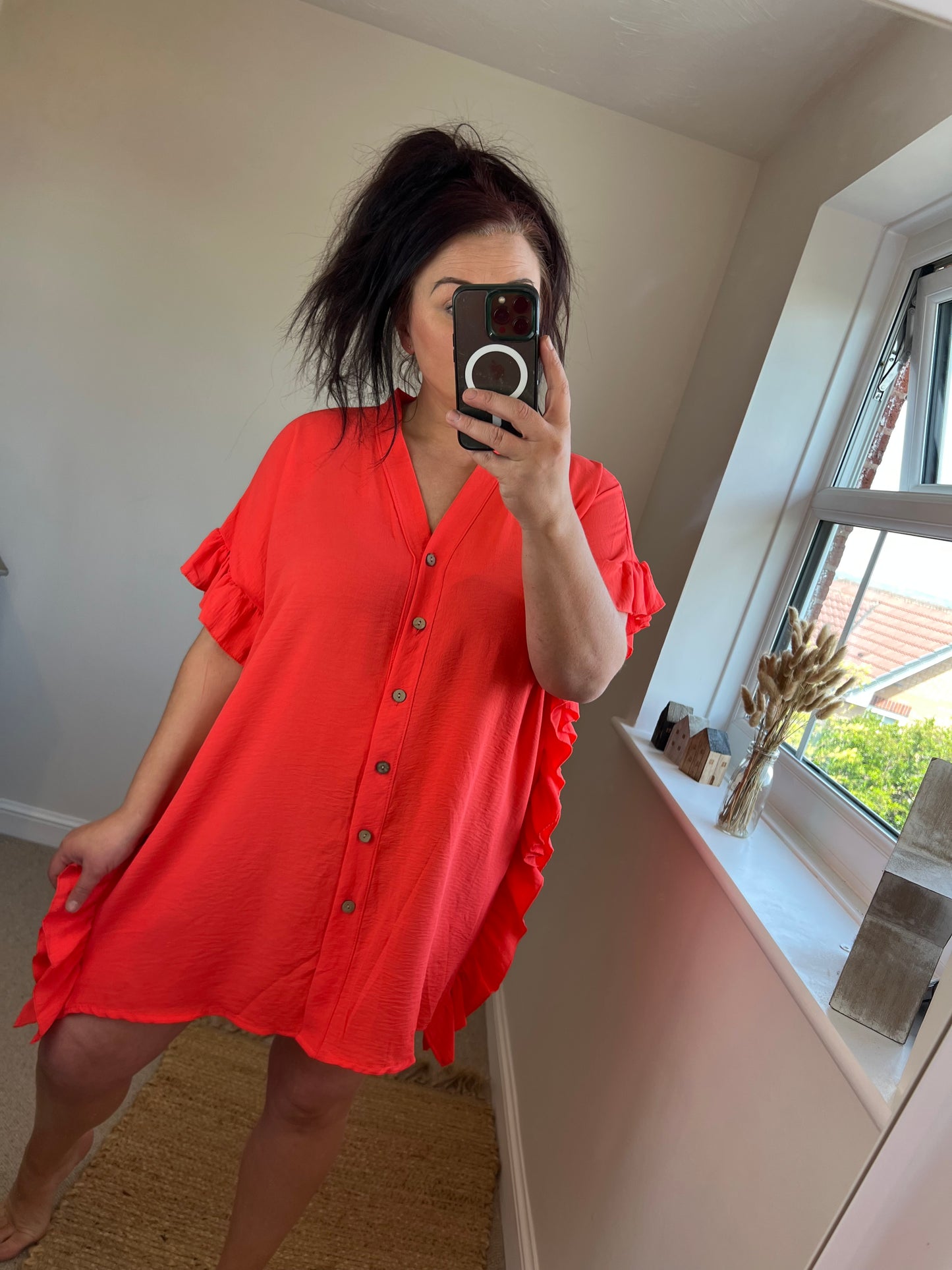 Frill Shirt Dress - Coral