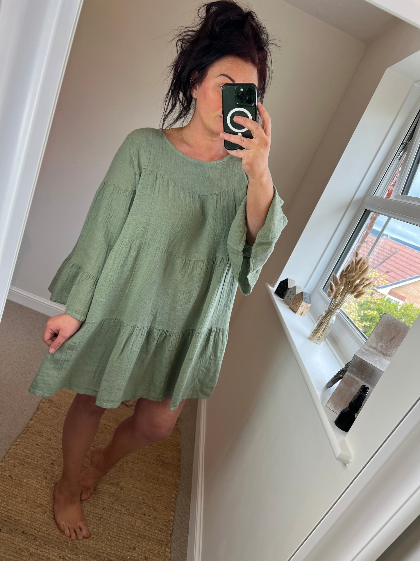 Crinkle Cotton Tunic Dress - Khaki