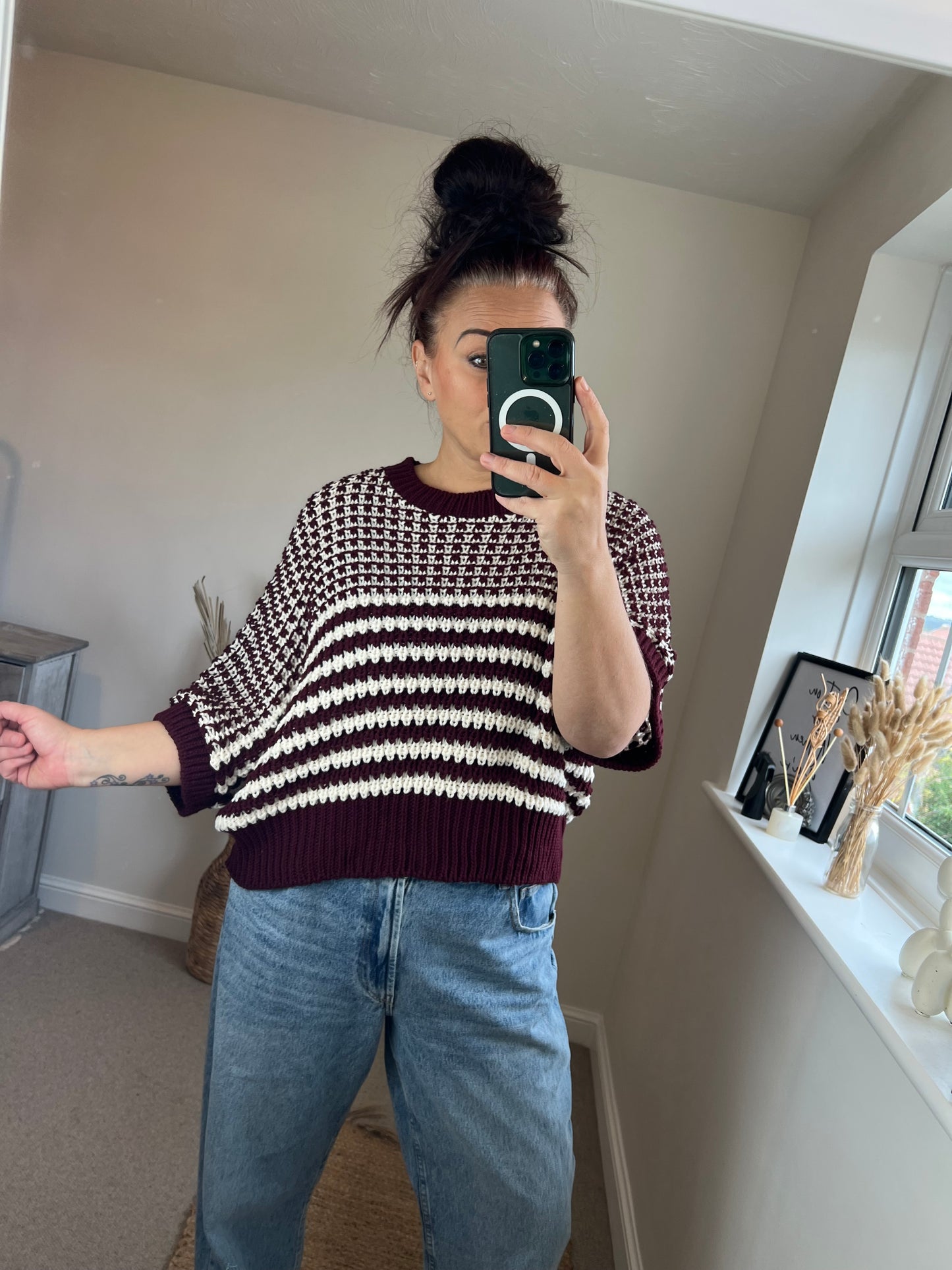 Chunky Knit Stripe Jumper - Wine/Cream