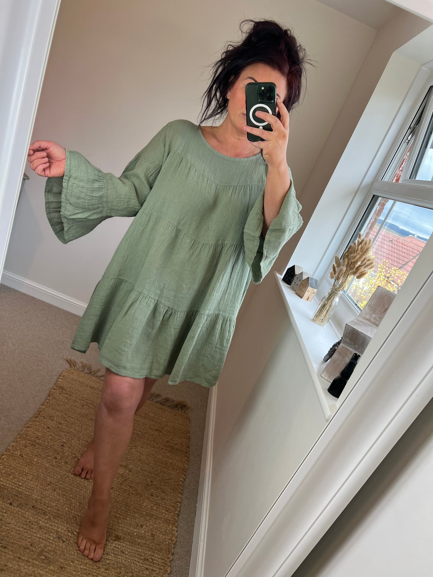 Crinkle Cotton Tunic Dress - Khaki