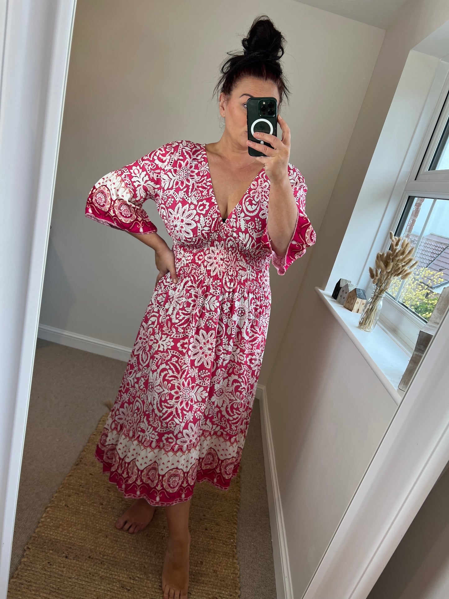 Shirred Waist Midi Dress - Cerise