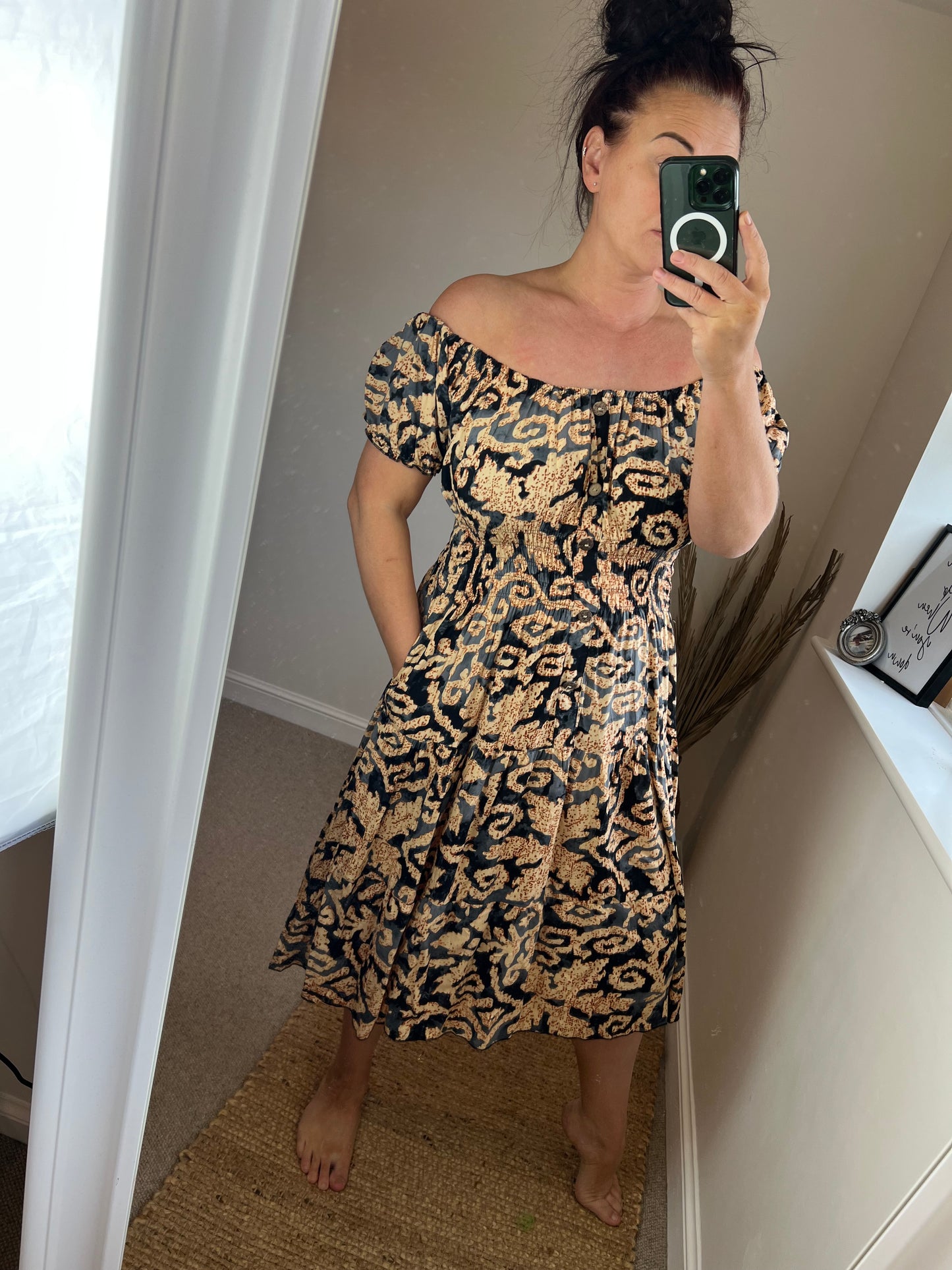 STEVIE Midi Button Dress with Pockets - Black/Tan