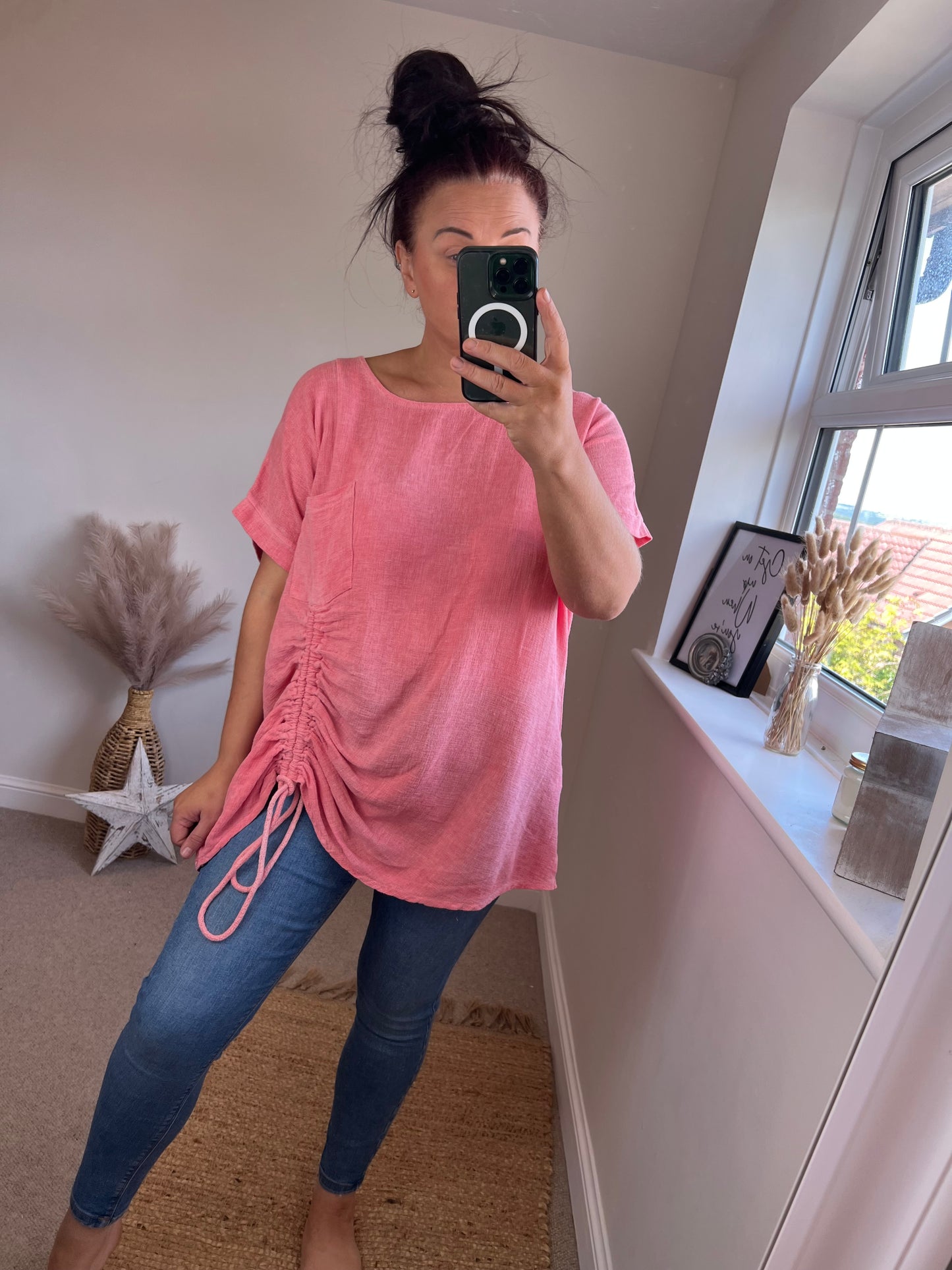 Linen Mix Longline Drawstring Top - Coral